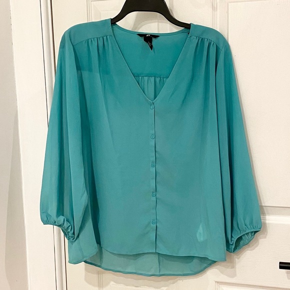 Sheer v-neck button up blouse with puff sleeves - Picture 1 of 4